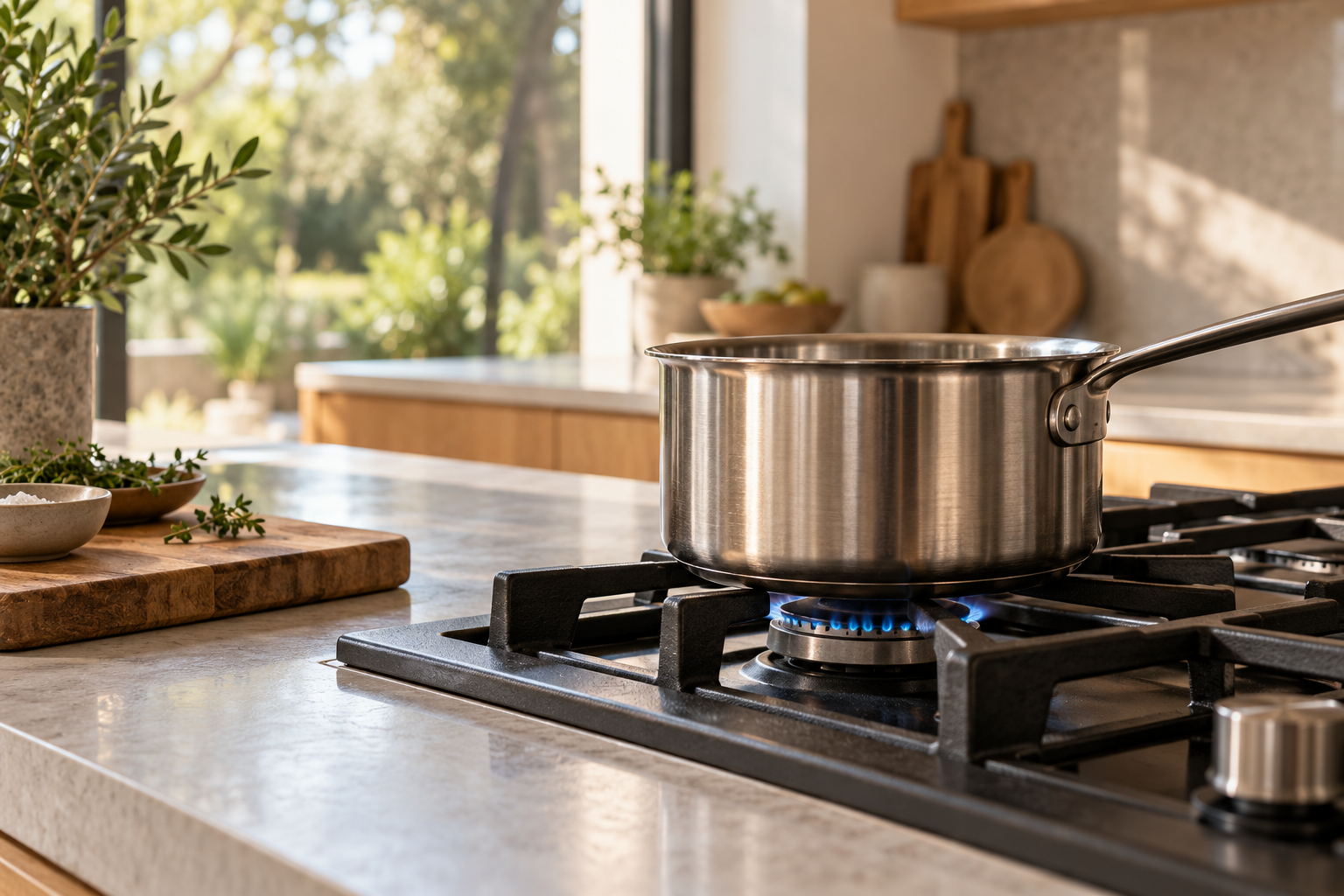 A saucepan on a gas hob in a warm, sunlit kitchen